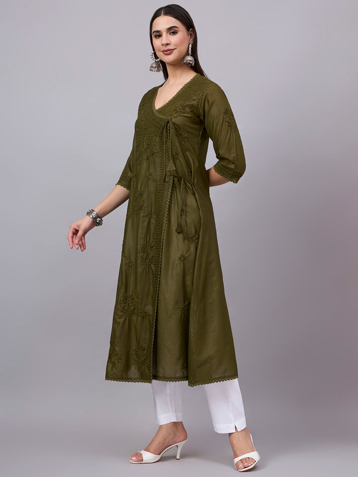Women chikankari hand Embroidered Chanderi Angrakha kurta-PC3667 Olive