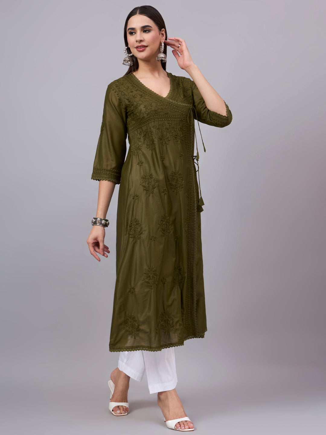 Women chikankari hand Embroidered Chanderi Angrakha kurta-PC3667 Olive