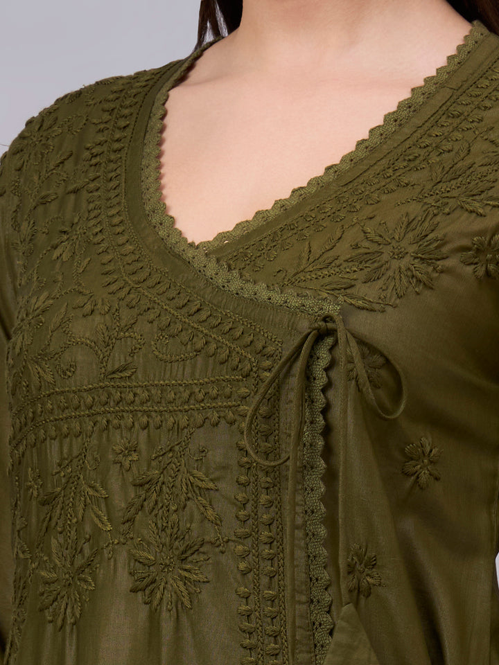 Women chikankari hand Embroidered Chanderi Angrakha kurta-PC3667 Olive