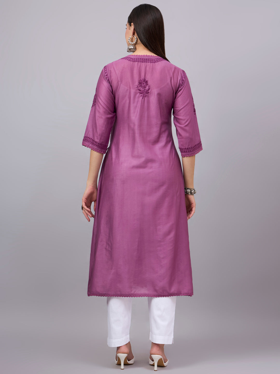Women chikankari hand Embroidered Chanderi Angrakha kurta-PC3667 Darkviolet