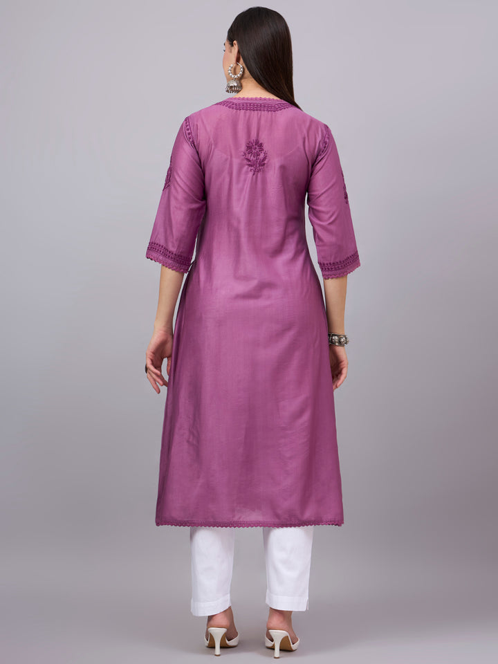 Women chikankari hand Embroidered Chanderi Angrakha kurta-PC3667 Darkviolet