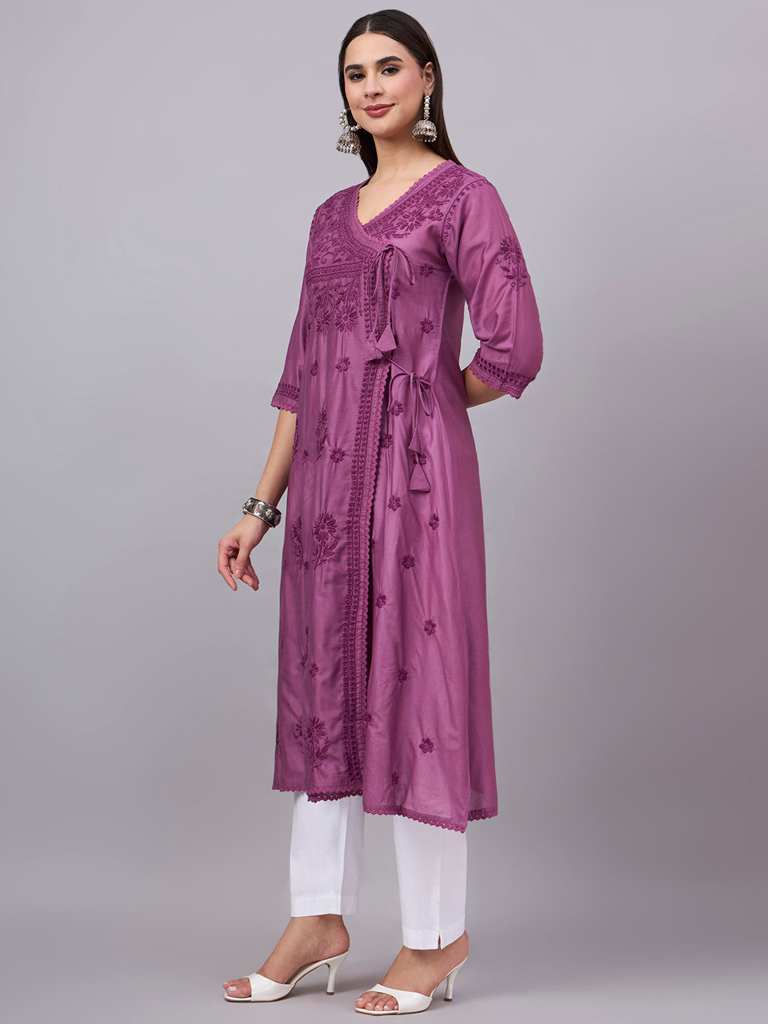 Women chikankari hand Embroidered Chanderi Angrakha kurta-PC3667 Darkviolet