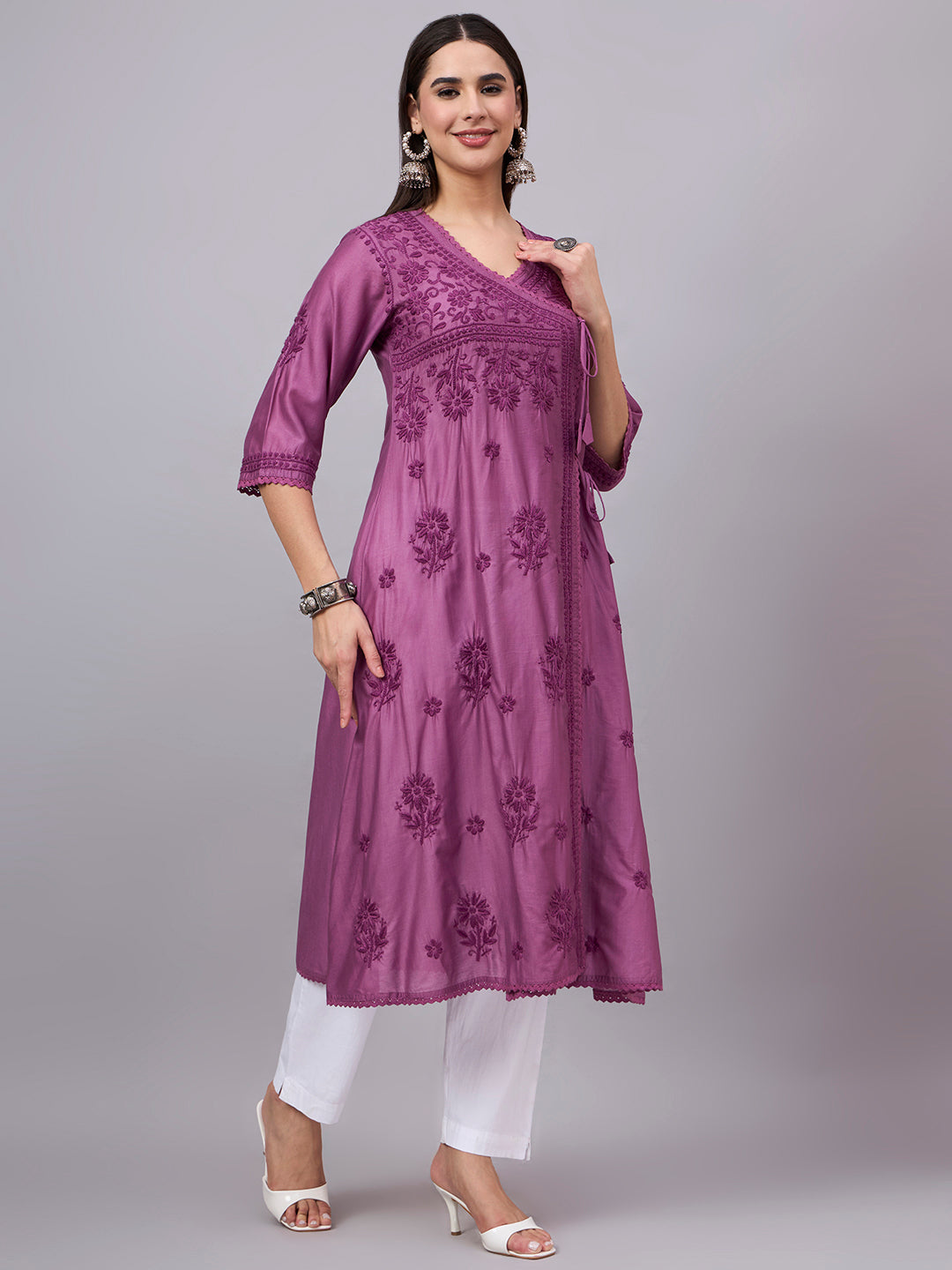 Women chikankari hand Embroidered Chanderi Angrakha kurta-PC3667 Darkviolet