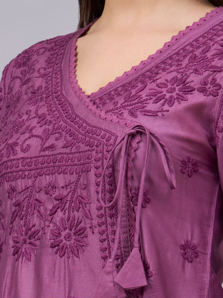 Women chikankari hand Embroidered Chanderi Angrakha kurta-PC3667 Darkviolet