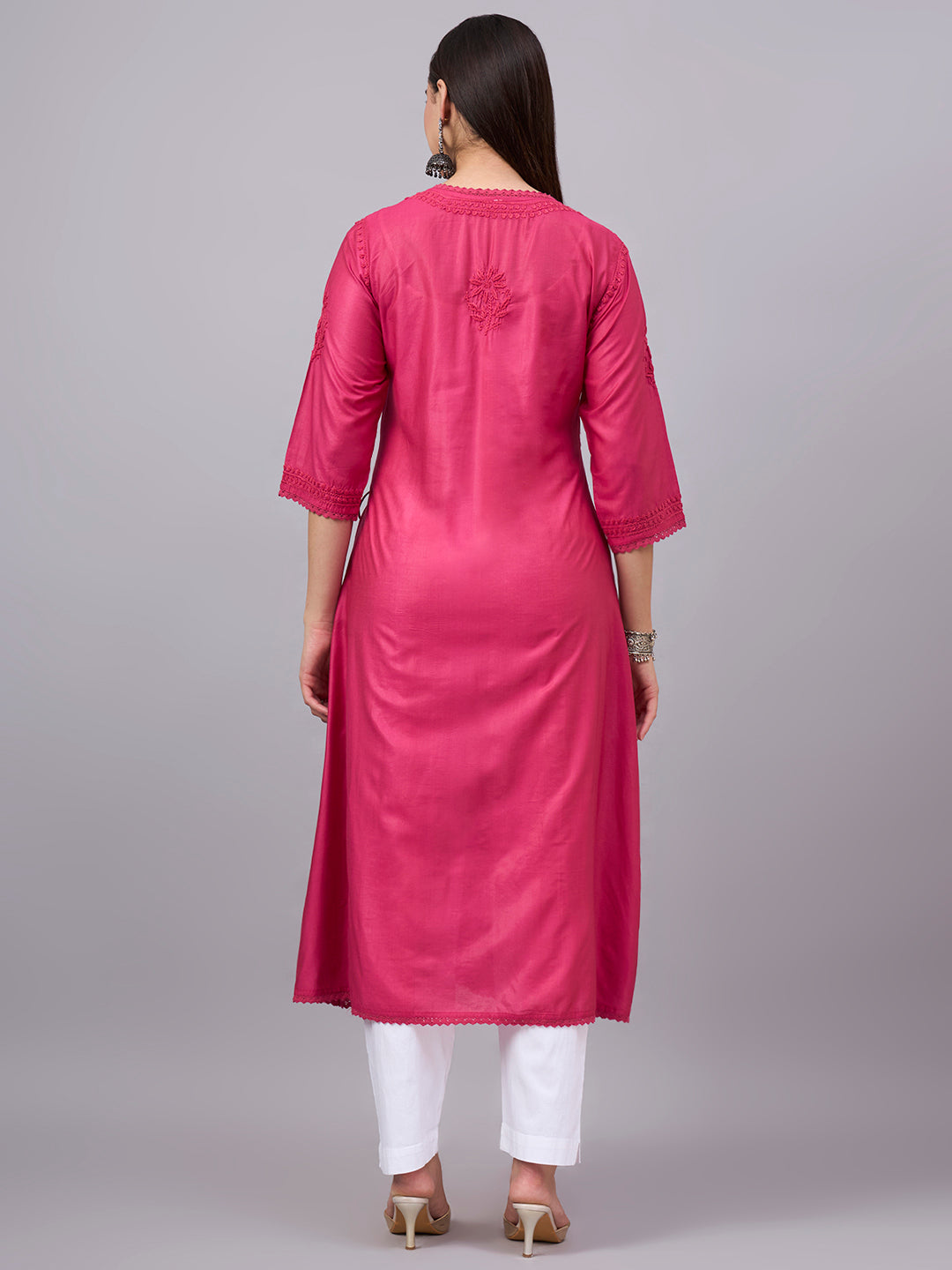 Women chikankari hand Embroidered Chanderi Angrakha kurta-PC3667 Magenta
