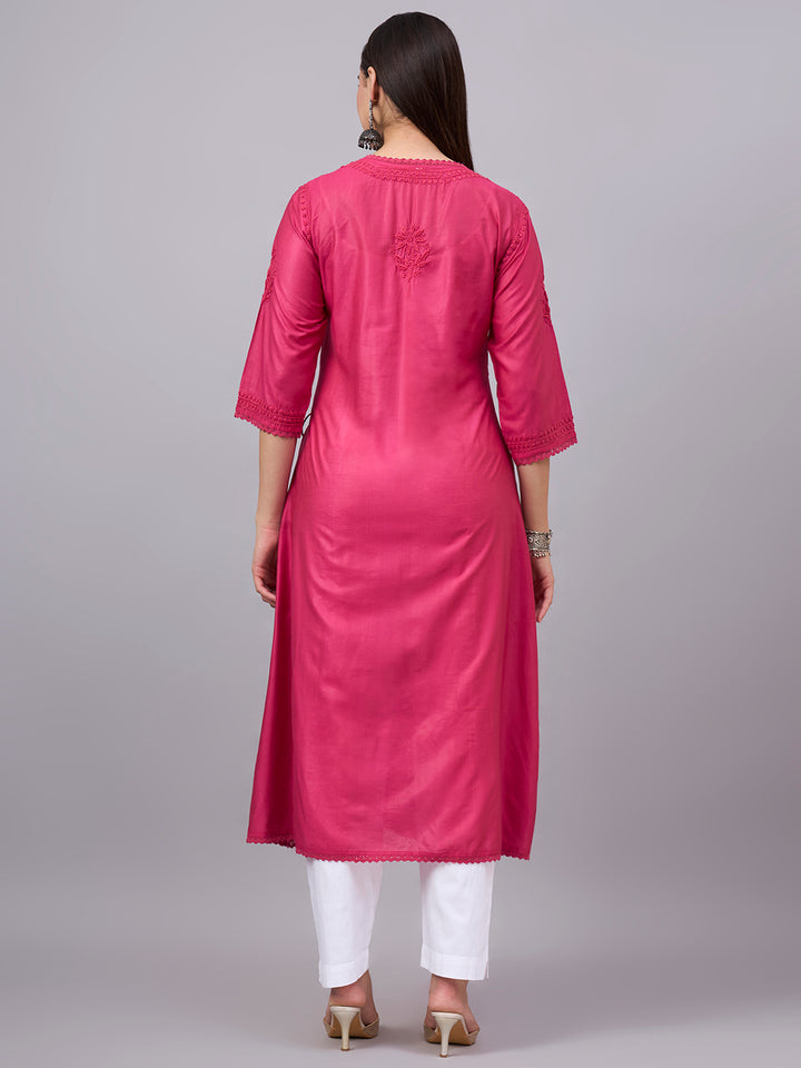 Women chikankari hand Embroidered Chanderi Angrakha kurta-PC3667 Magenta