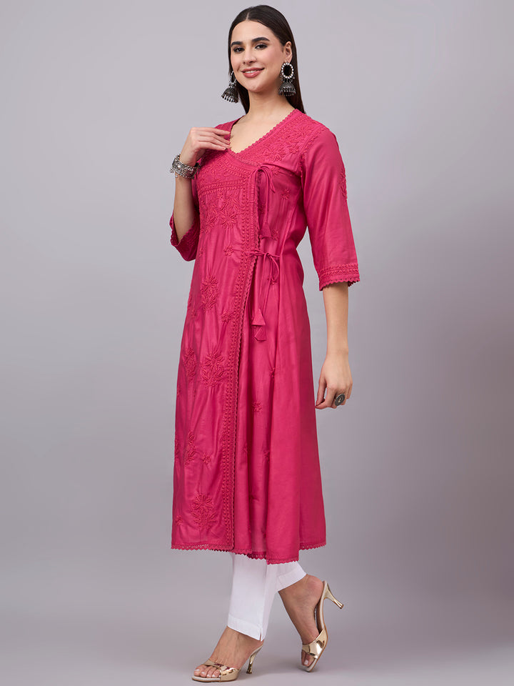 Women chikankari hand Embroidered Chanderi Angrakha kurta-PC3667 Magenta