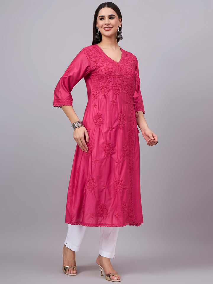Women chikankari hand Embroidered Chanderi Angrakha kurta-PC3667 Magenta