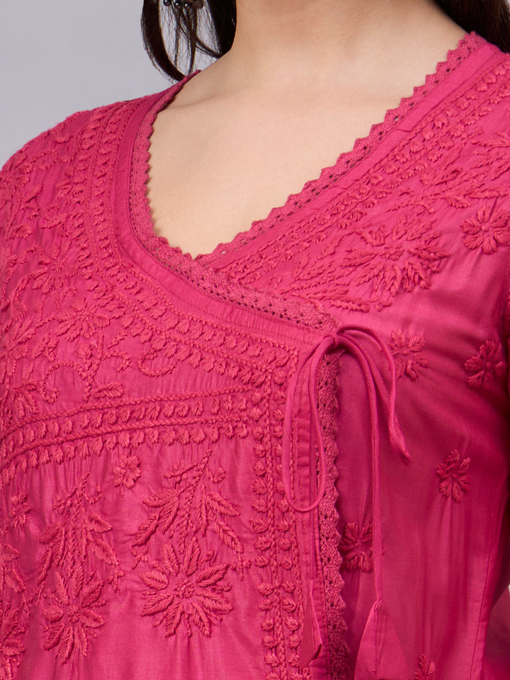 Women chikankari hand Embroidered Chanderi Angrakha kurta-PC3667 Magenta