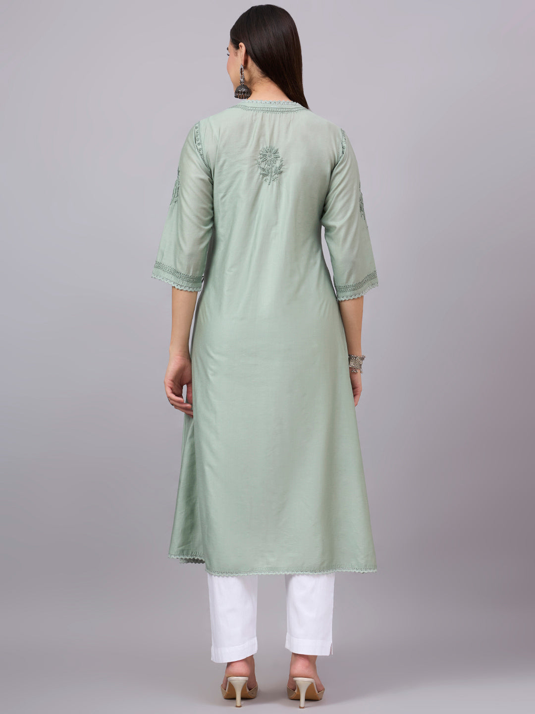 Women chikankari hand Embroidered Chanderi Angrakha kurta-PC3667 Seagreen
