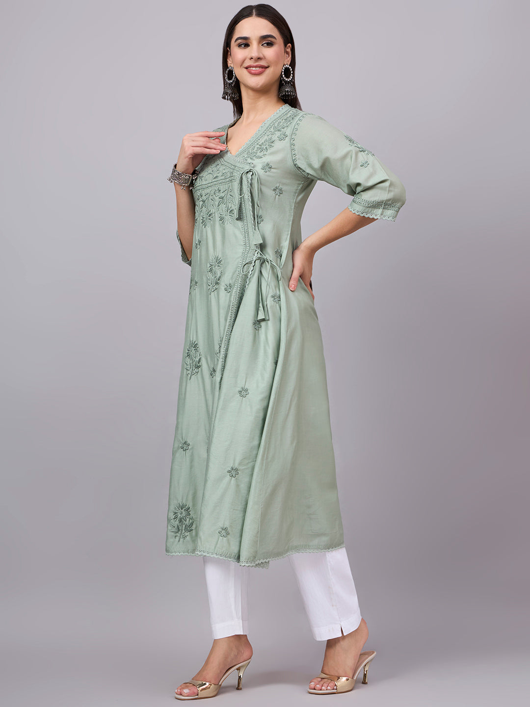 Women chikankari hand Embroidered Chanderi Angrakha kurta-PC3667 Seagreen