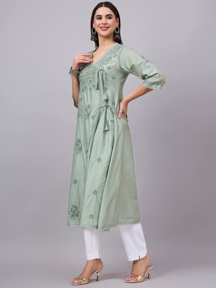 Women chikankari hand Embroidered Chanderi Angrakha kurta-PC3667 Seagreen
