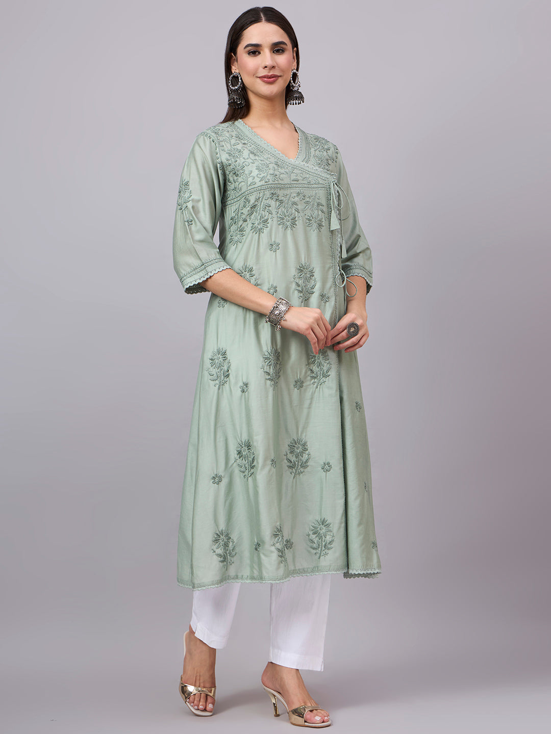 Women chikankari hand Embroidered Chanderi Angrakha kurta-PC3667 Seagreen