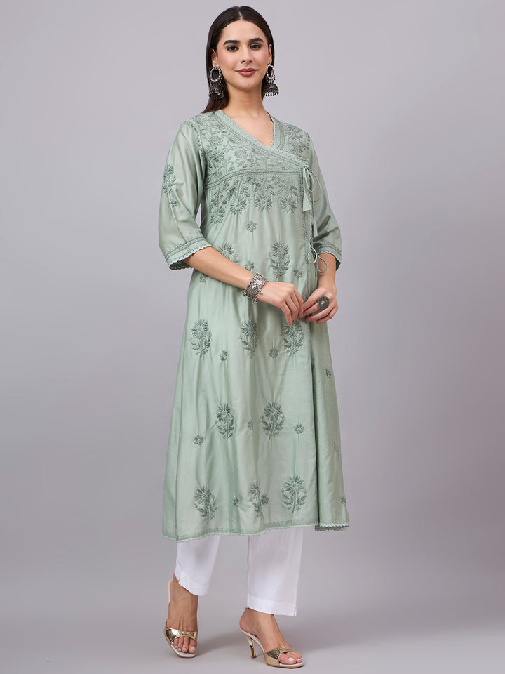 Women chikankari hand Embroidered Chanderi Angrakha kurta-PC3667 Seagreen