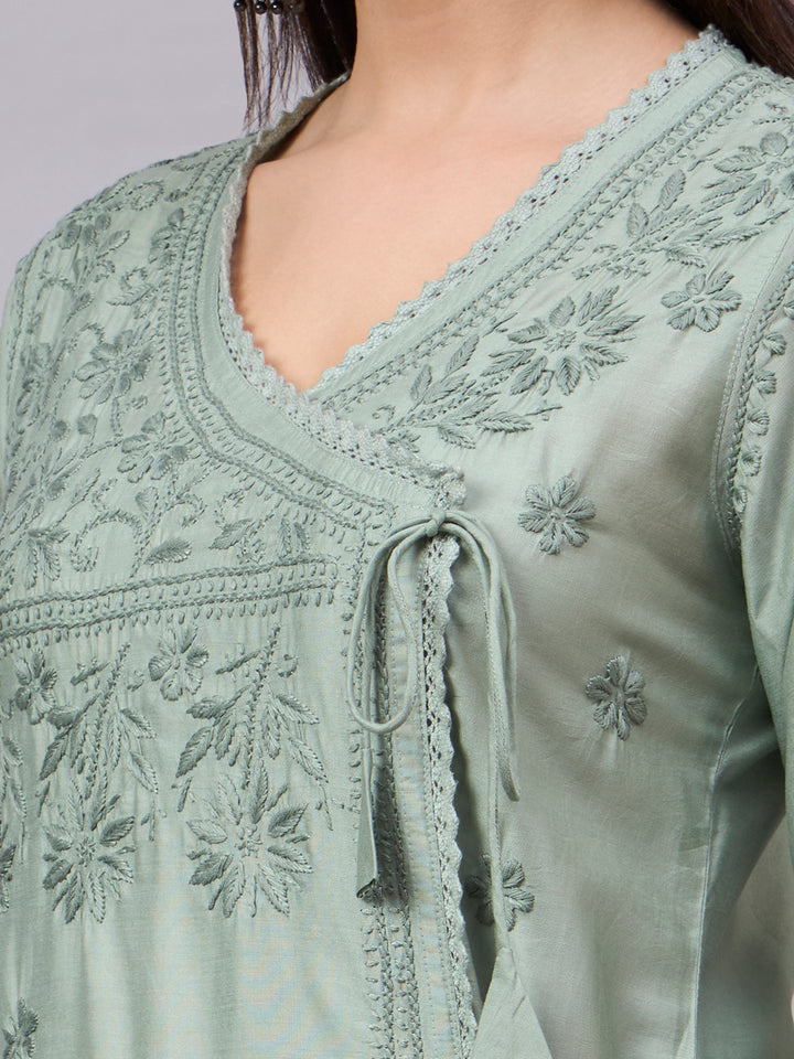 Women chikankari hand Embroidered Chanderi Angrakha kurta-PC3667 Seagreen