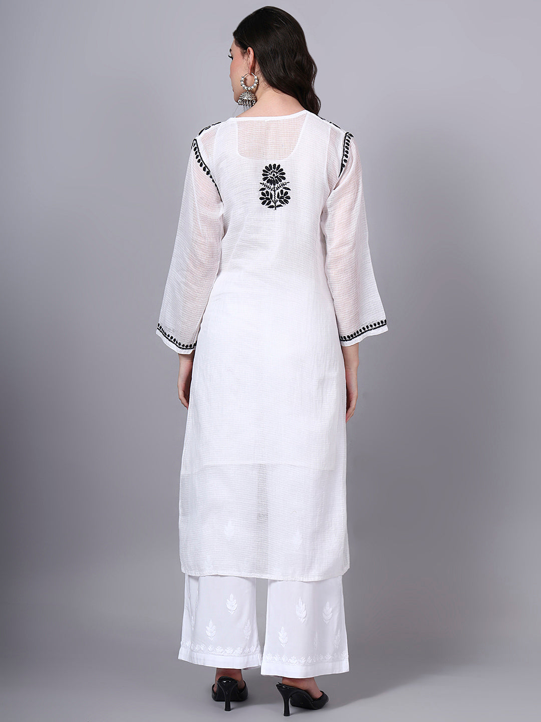 Hand Embroidered Chikankari Kota Cotton Straight Kurta With Matching Slip- PC4137 Black