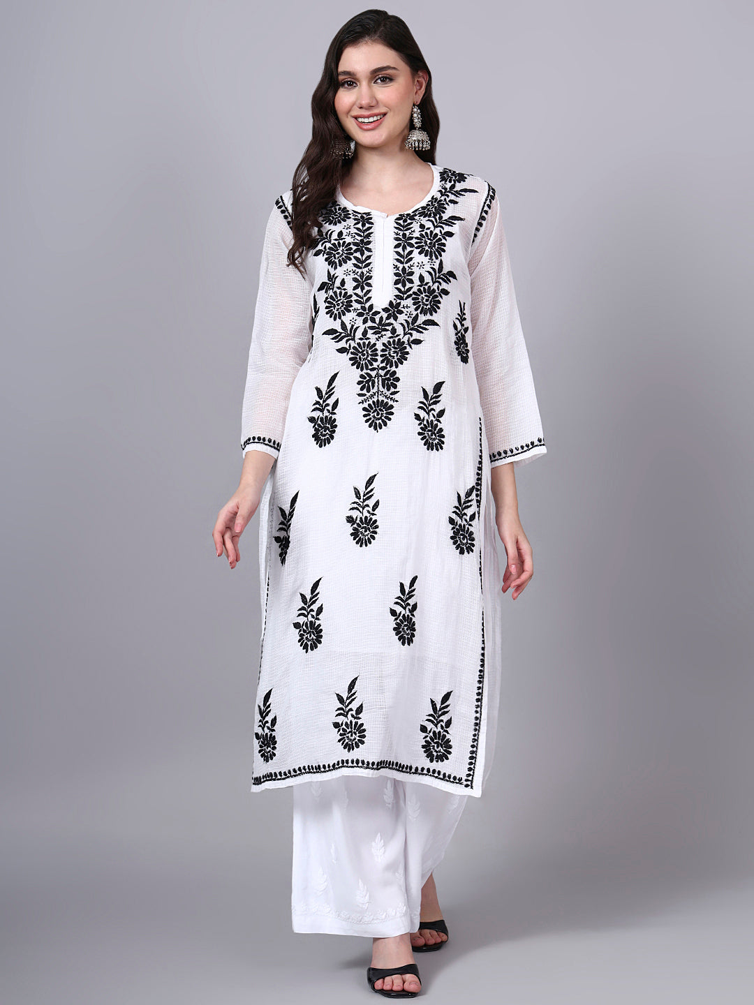 Hand Embroidered Chikankari Kota Cotton Straight Kurta With Matching Slip- PC4137 Black