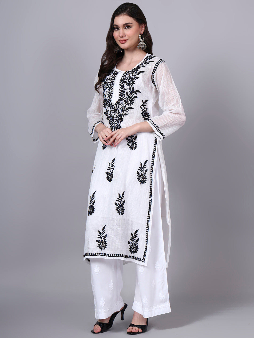 Hand Embroidered Chikankari Kota Cotton Straight Kurta With Matching Slip- PC4137 Black