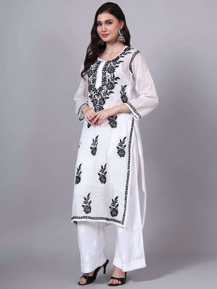 Hand Embroidered Chikankari Kota Cotton Straight Kurta With Matching Slip- PC4137 Black