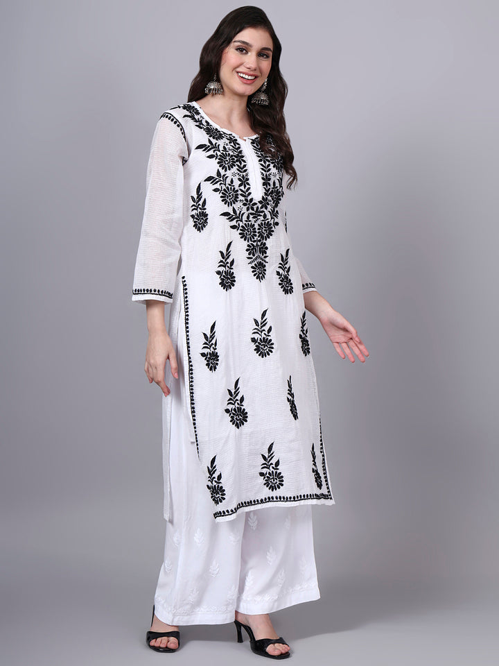 Hand Embroidered Chikankari Kota Cotton Straight Kurta With Matching Slip- PC4137 Black