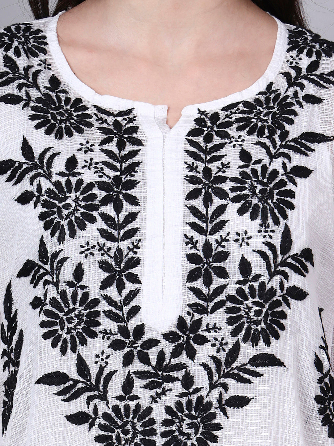 Hand Embroidered Chikankari Kota Cotton Straight Kurta With Matching Slip- PC4137 Black