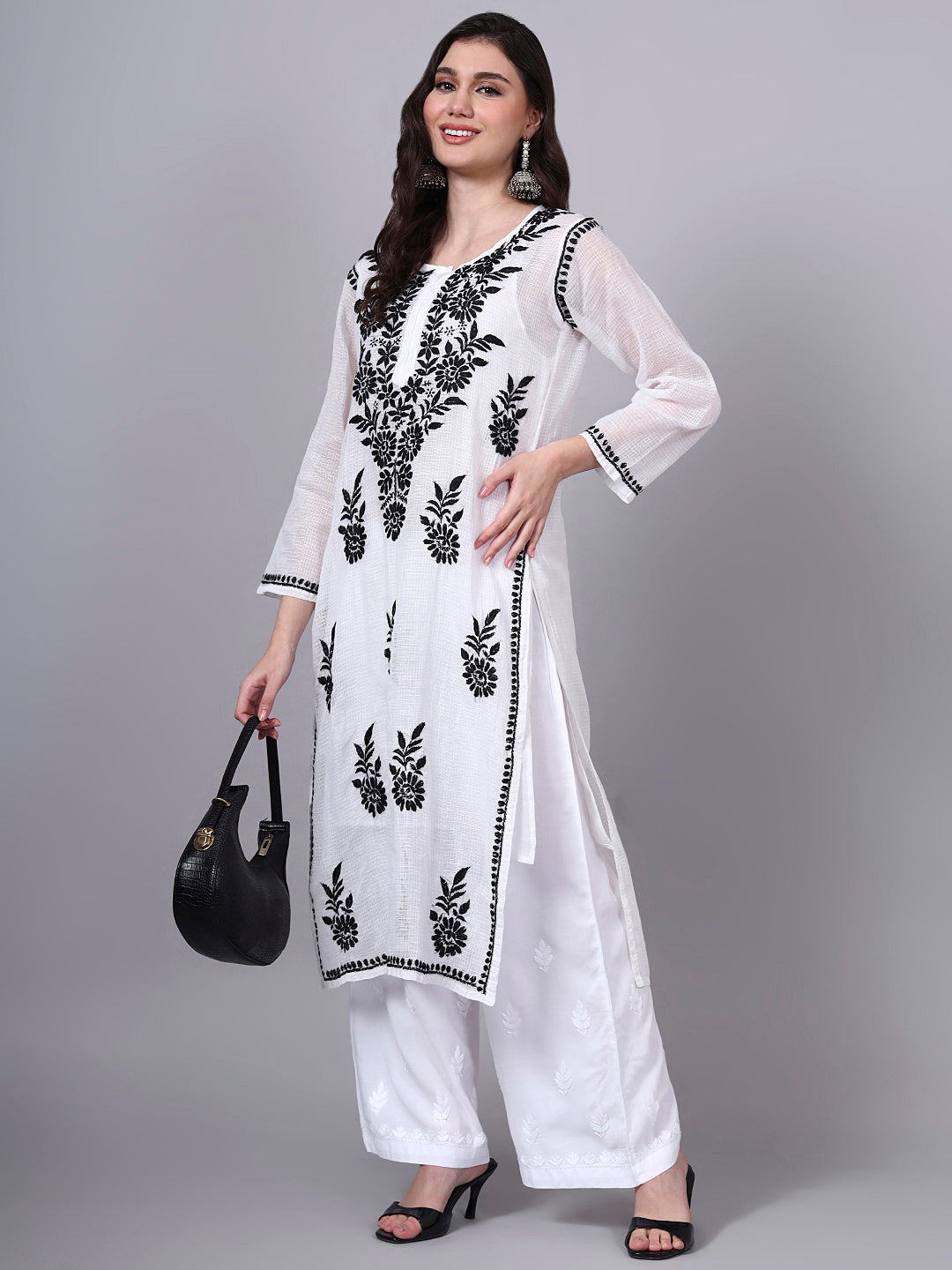 Hand Embroidered Chikankari Kota Cotton Straight Kurta With Matching Slip- PC4137 Black