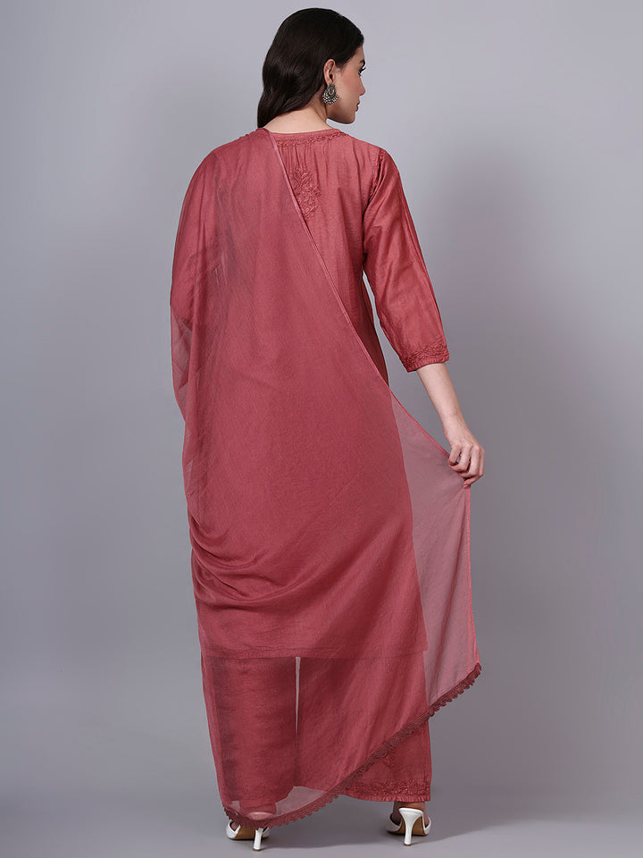 Women Hand Embroidered Chikankari Chanderi Kurta Set with dupatta PC4136KS Rust