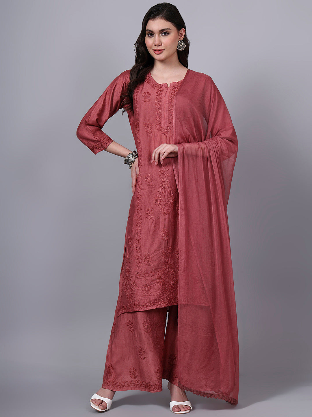 Women Hand Embroidered Chikankari Chanderi Kurta Set with dupatta PC4136KS Rust