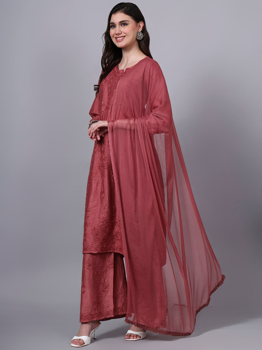 Women Hand Embroidered Chikankari Chanderi Kurta Set with dupatta PC4136KS Rust