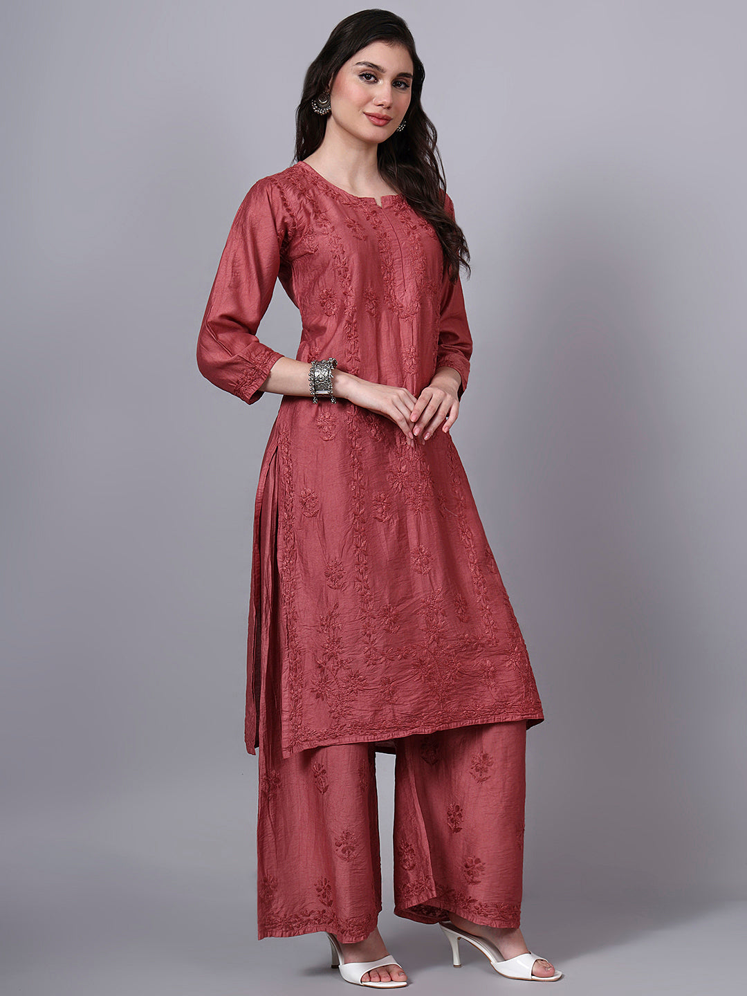 Women Hand Embroidered Chikankari Chanderi Kurta Set with dupatta PC4136KS Rust