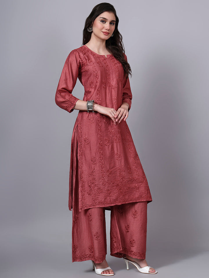 Women Hand Embroidered Chikankari Chanderi Kurta Set with dupatta PC4136KS Rust