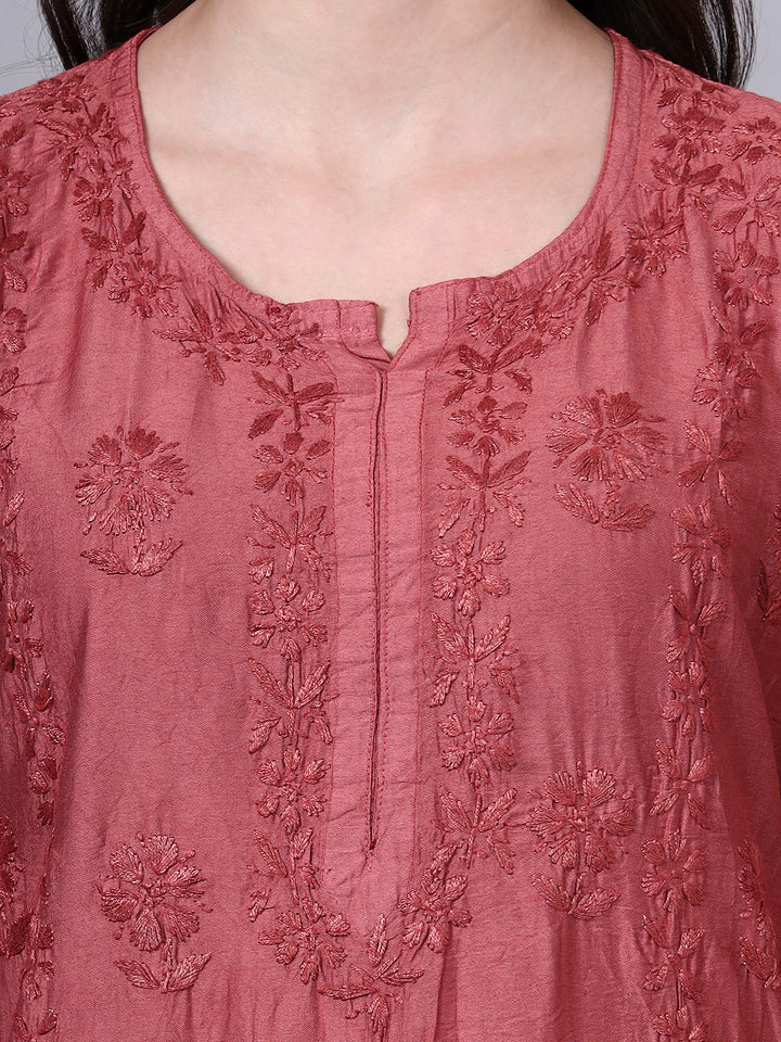 Women Hand Embroidered Chikankari Chanderi Kurta Set with dupatta PC4136KS Rust
