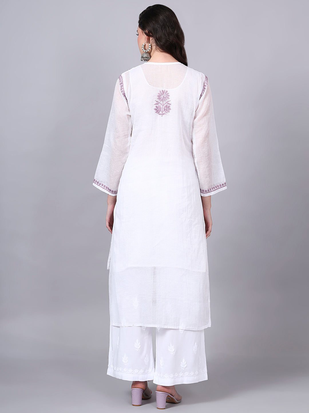 Hand Embroidered Chikankari Kota Cotton Straight Kurta With Matching Slip- PC4137 Lavender