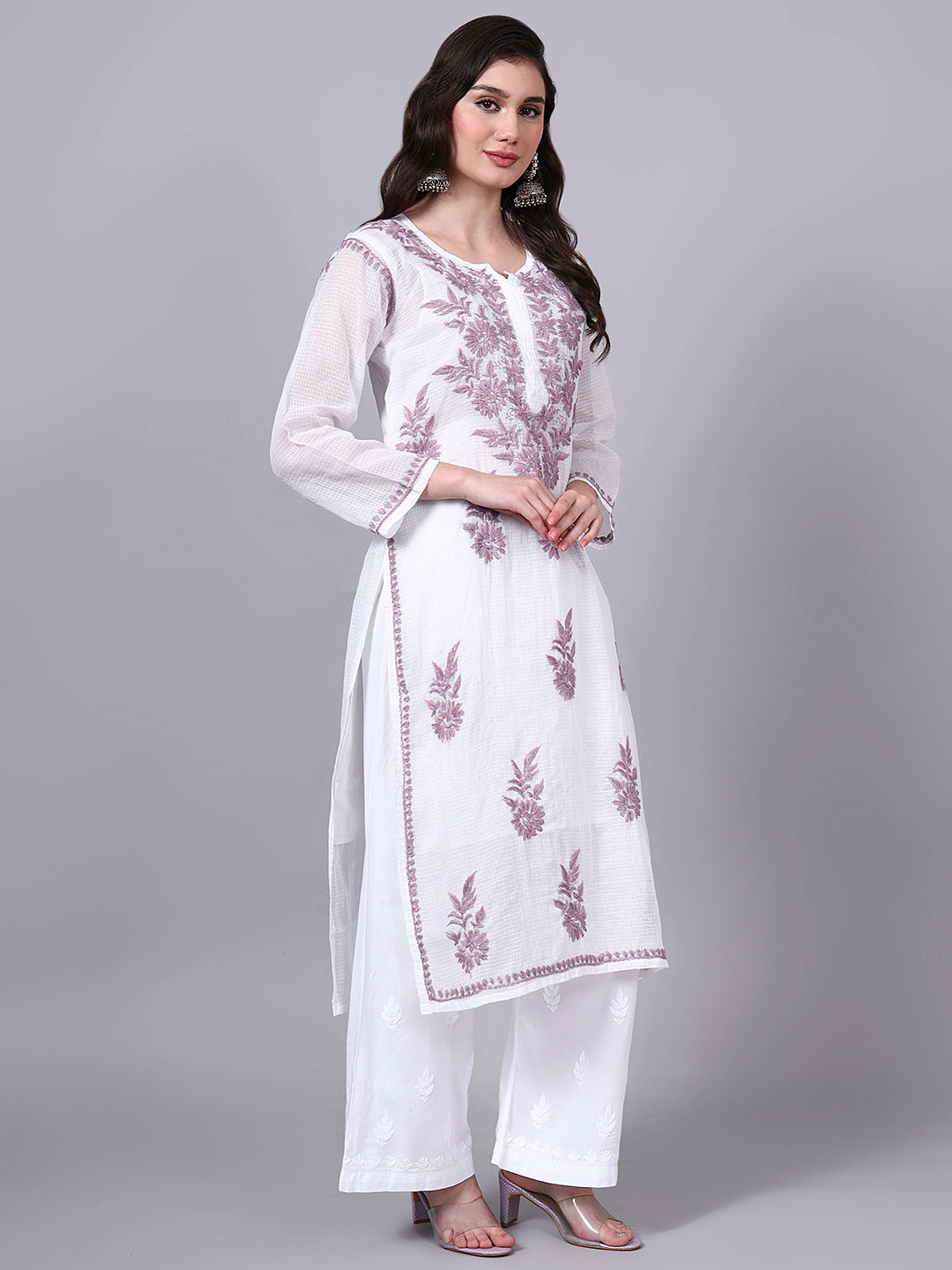 Hand Embroidered Chikankari Kota Cotton Straight Kurta With Matching Slip- PC4137 Lavender