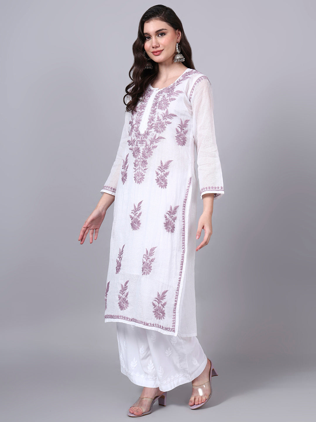 Hand Embroidered Chikankari Kota Cotton Straight Kurta With Matching Slip- PC4137 Lavender