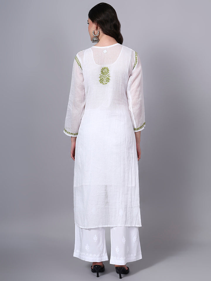 Hand Embroidered Chikankari Kota Cotton Straight Kurta With Matching Slip- PC4137 Olive