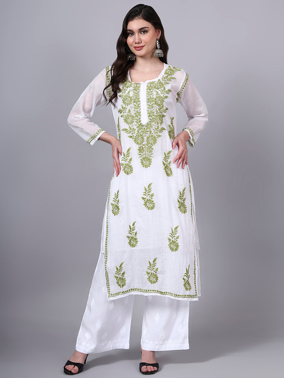 Hand Embroidered Chikankari Kota Cotton Straight Kurta With Matching Slip- PC4137 Olive