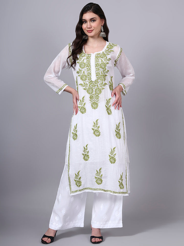 Hand Embroidered Chikankari Kota Cotton Straight Kurta With Matching Slip- PC4137 Olive