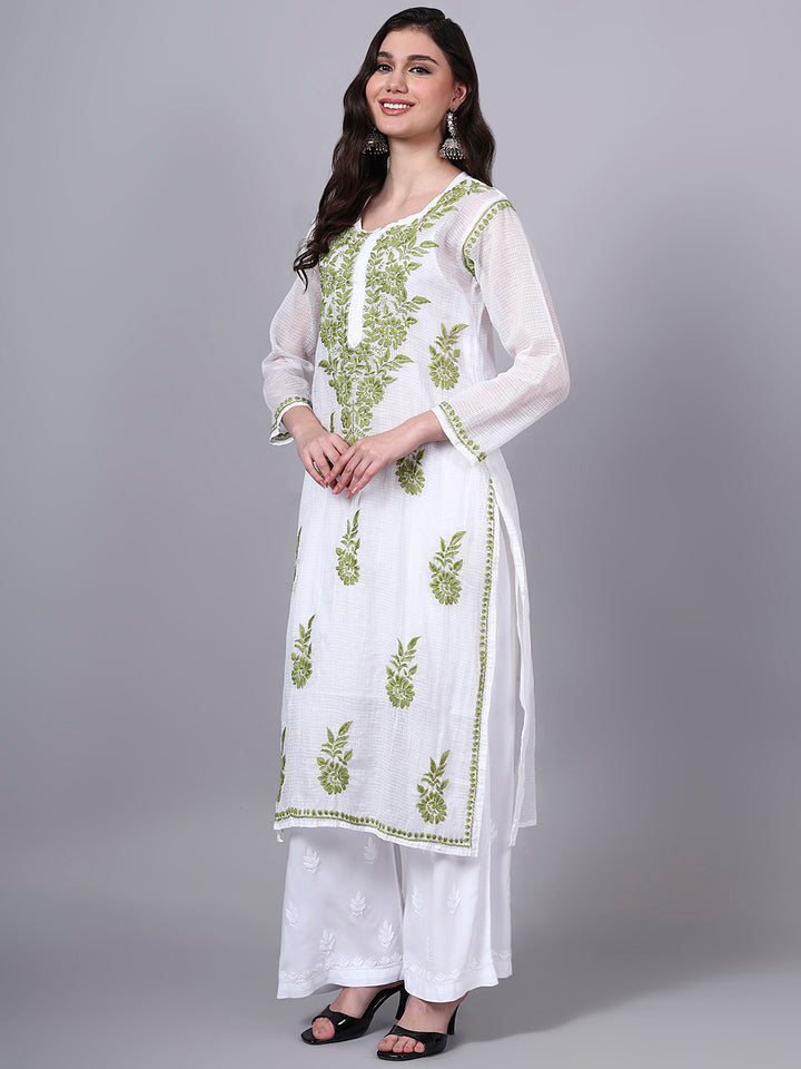 Hand Embroidered Chikankari Kota Cotton Straight Kurta With Matching Slip- PC4137 Olive