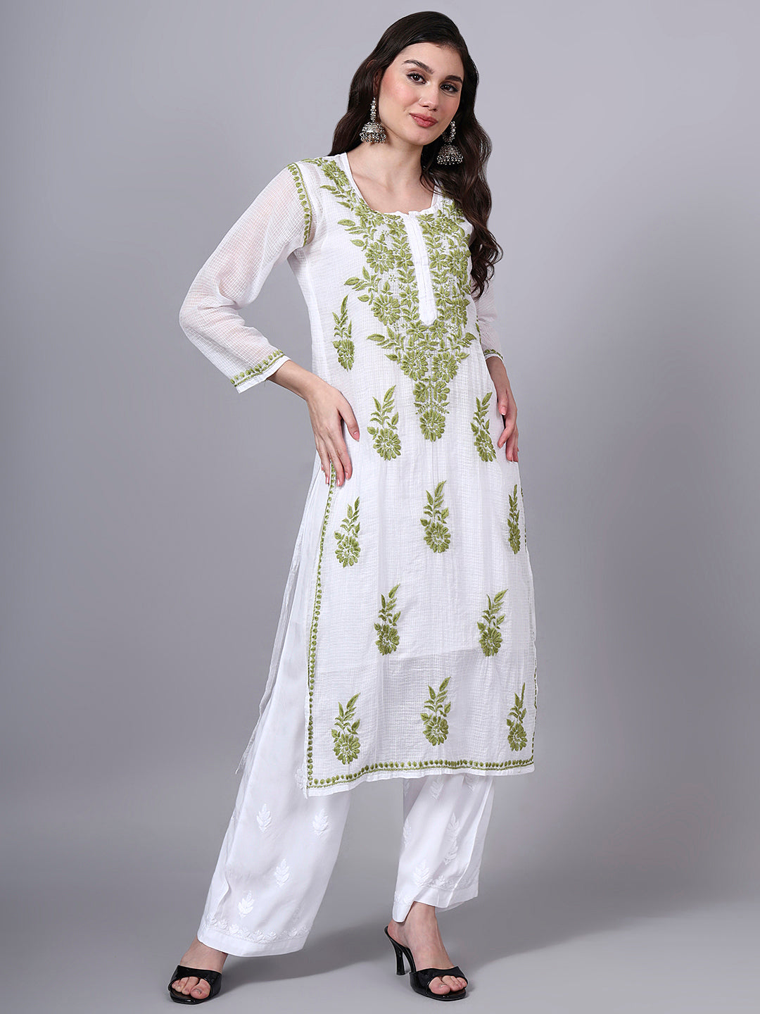 Hand Embroidered Chikankari Kota Cotton Straight Kurta With Matching Slip- PC4137 Olive