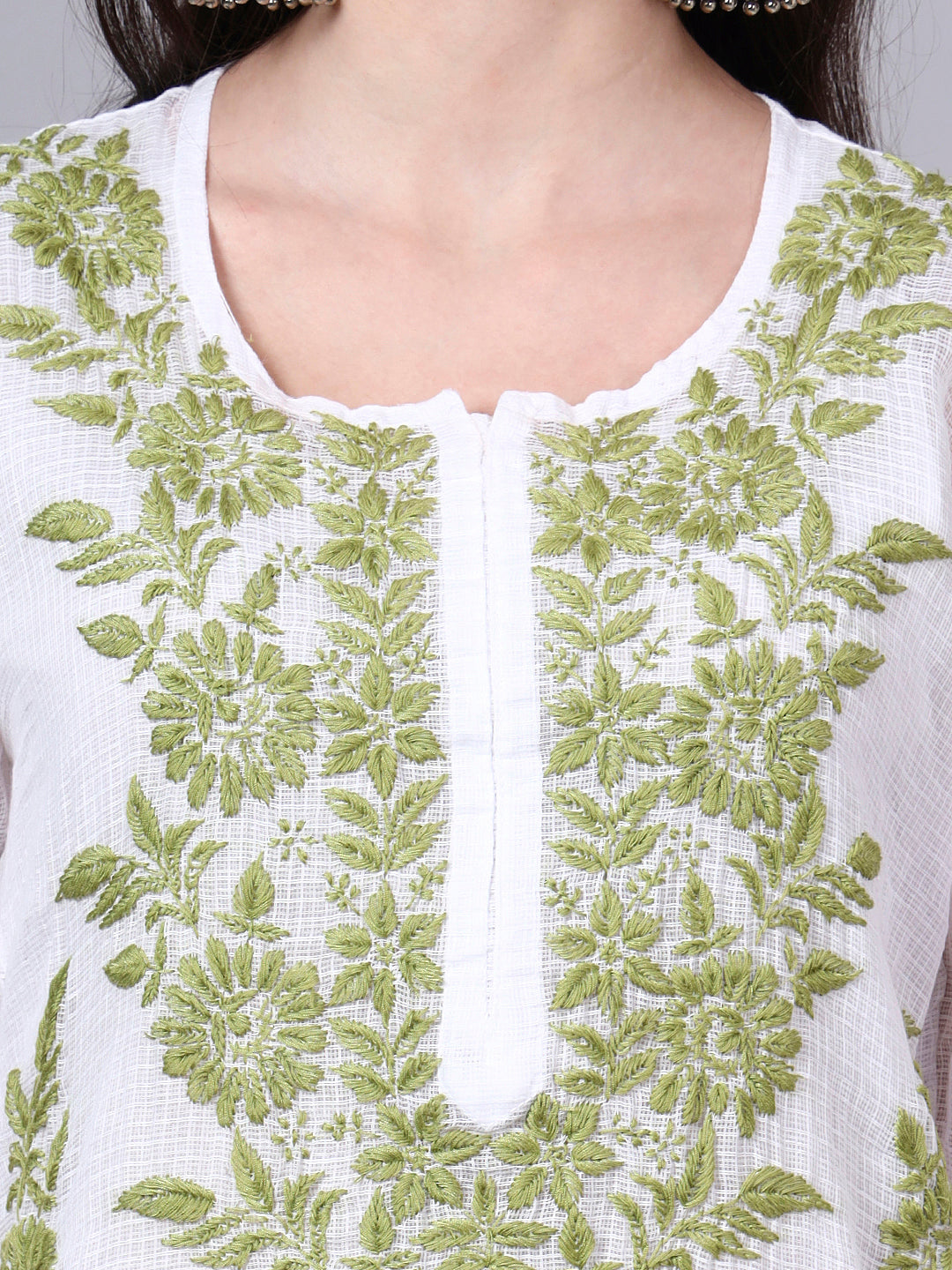 Hand Embroidered Chikankari Kota Cotton Straight Kurta With Matching Slip- PC4137 Olive