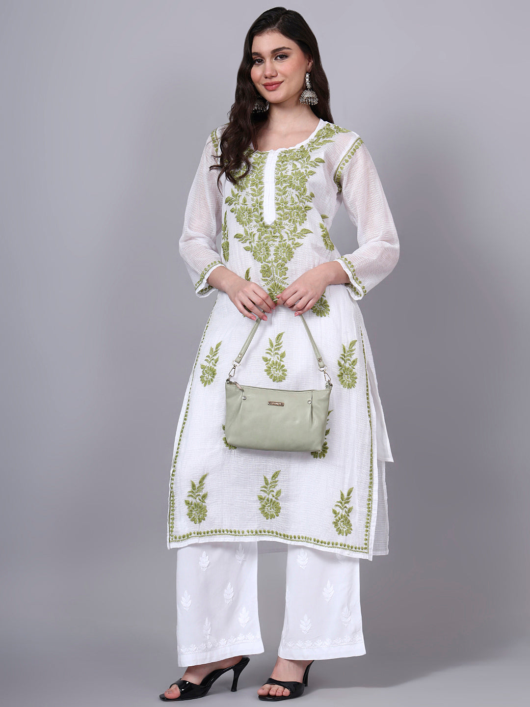 Hand Embroidered Chikankari Kota Cotton Straight Kurta With Matching Slip- PC4137 Olive