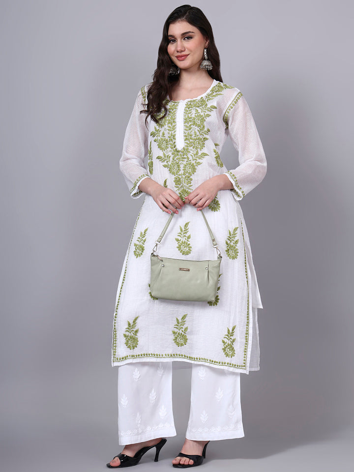 Hand Embroidered Chikankari Kota Cotton Straight Kurta With Matching Slip- PC4137 Olive