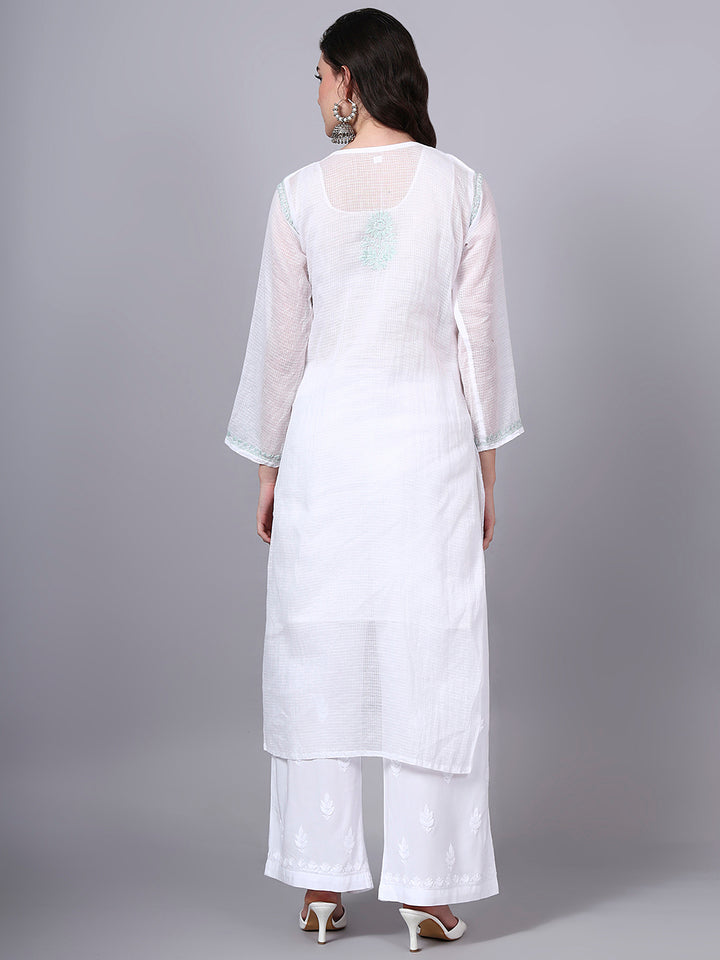 Hand Embroidered Chikankari Kota Cotton Straight Kurta With Matching Slip- PC4137 Seagreen