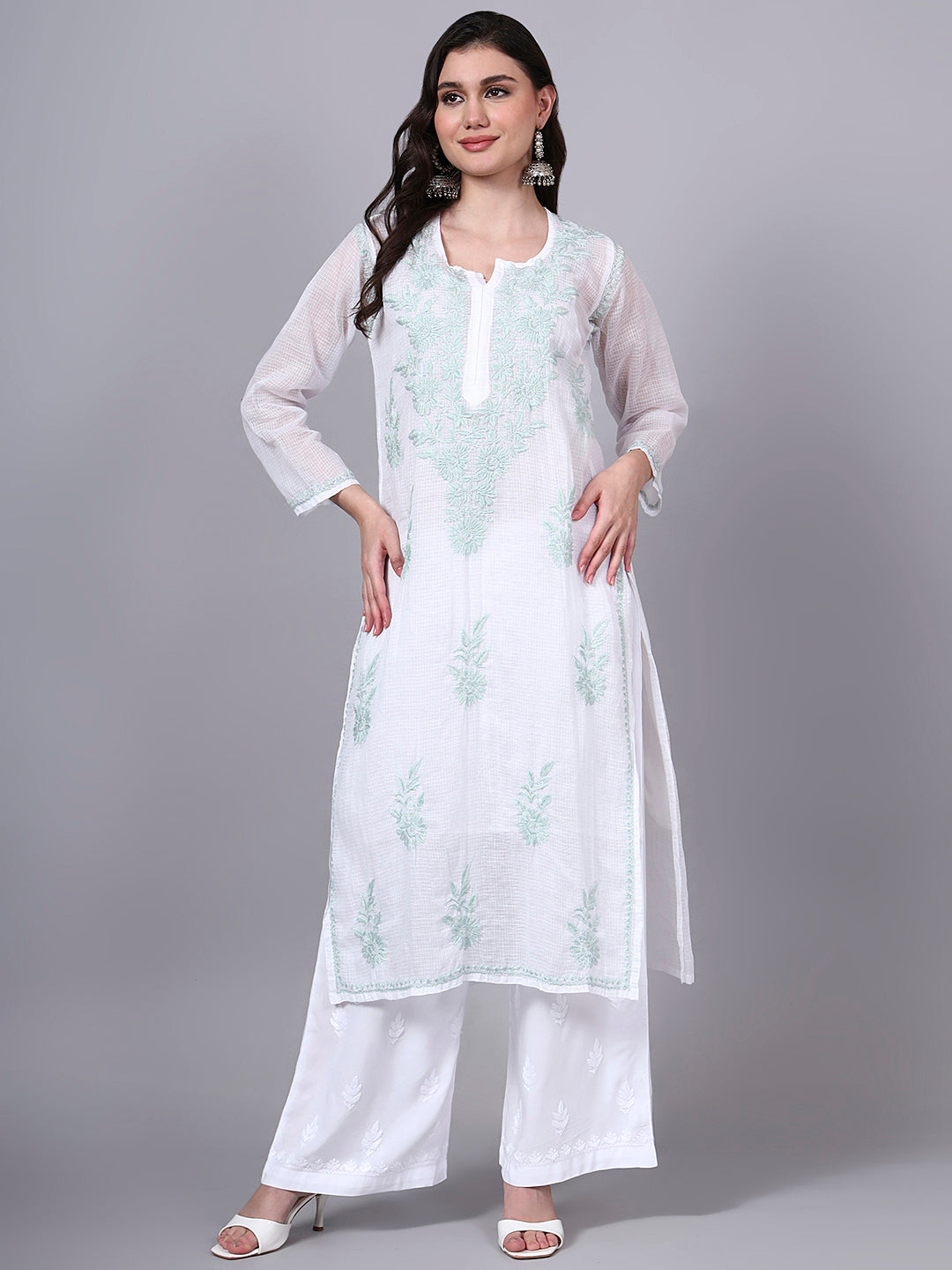 Hand Embroidered Chikankari Kota Cotton Straight Kurta With Matching Slip- PC4137 Seagreen