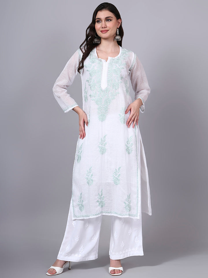 Hand Embroidered Chikankari Kota Cotton Straight Kurta With Matching Slip- PC4137 Seagreen