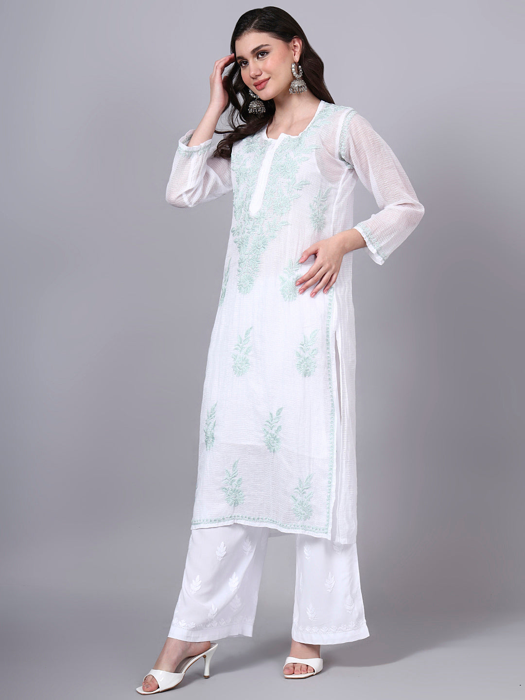 Hand Embroidered Chikankari Kota Cotton Straight Kurta With Matching Slip- PC4137 Seagreen