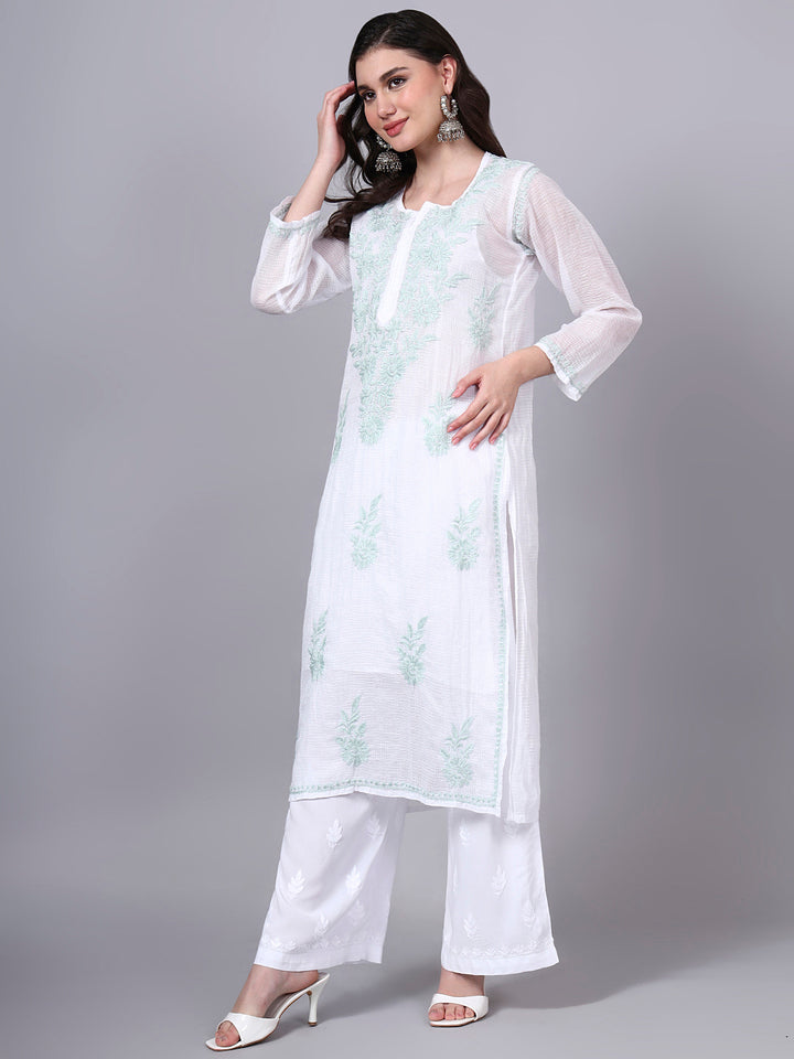 Hand Embroidered Chikankari Kota Cotton Straight Kurta With Matching Slip- PC4137 Seagreen