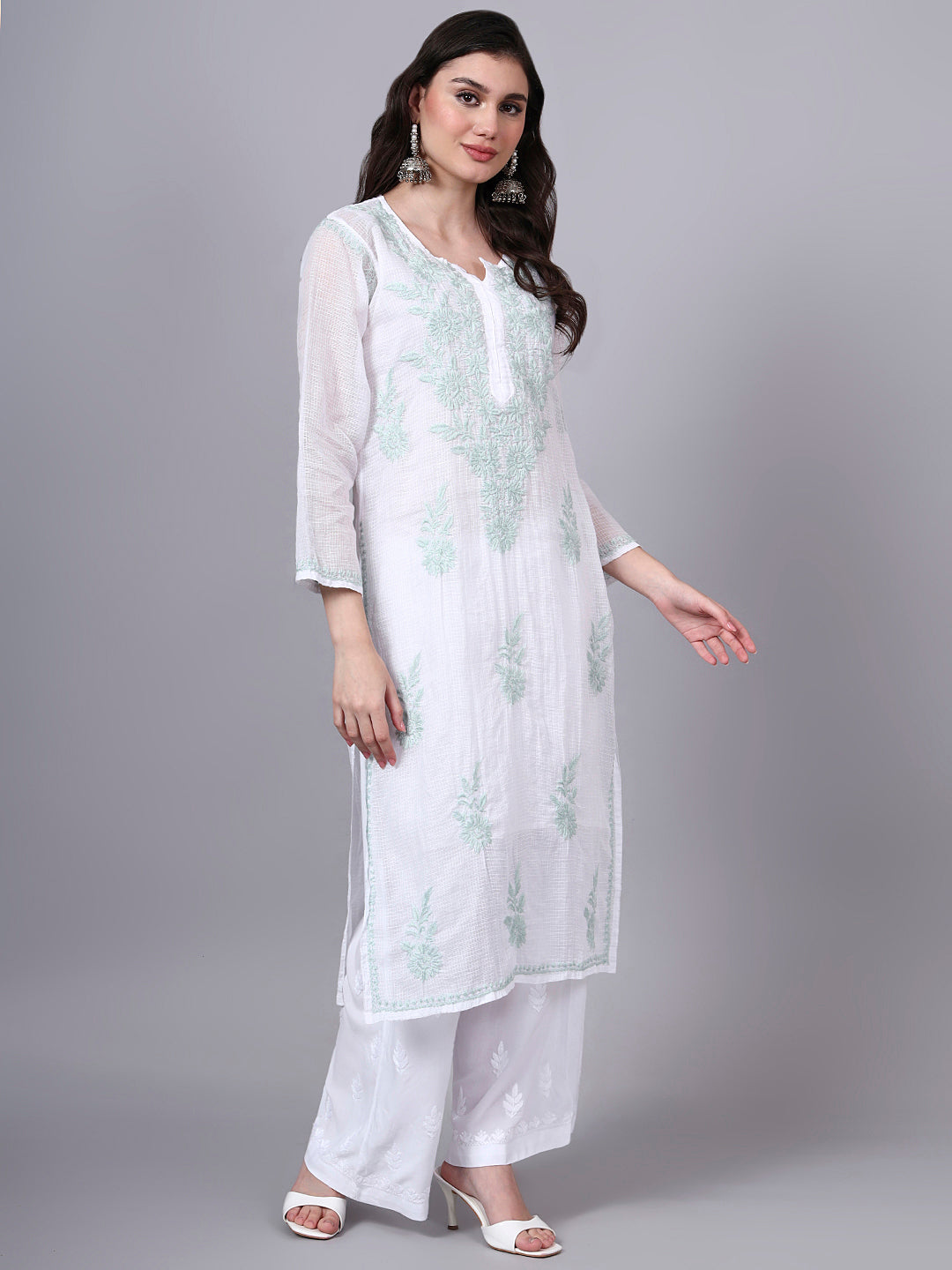 Hand Embroidered Chikankari Kota Cotton Straight Kurta With Matching Slip- PC4137 Seagreen