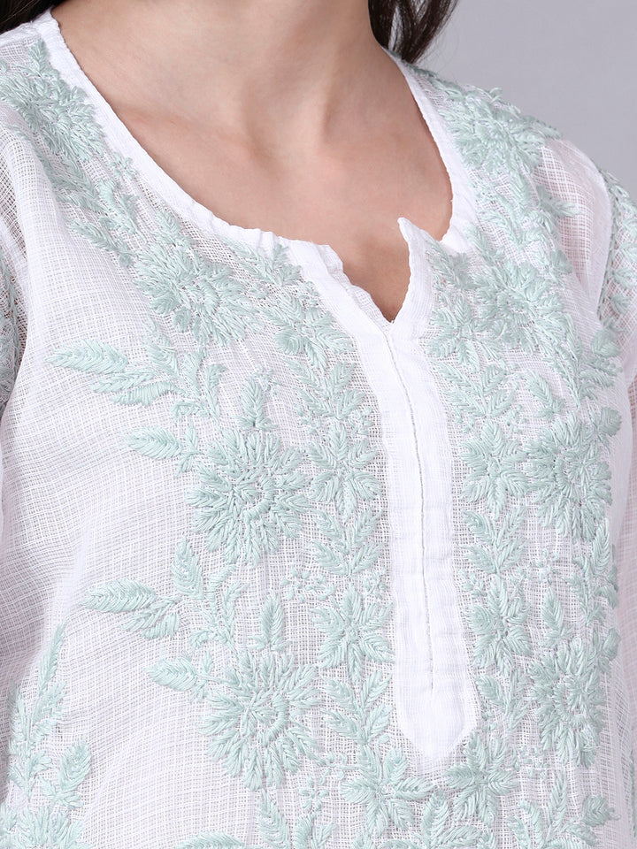 Hand Embroidered Chikankari Kota Cotton Straight Kurta With Matching Slip- PC4137 Seagreen